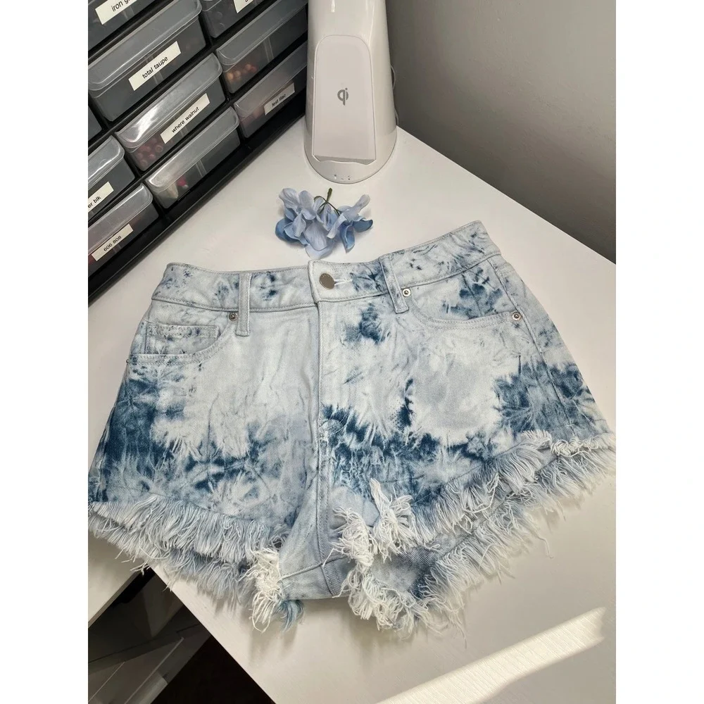 L.T.J Letter to Juliet Tie Dye Denim Shorts Blue White Frayed Hem TS01-607 S